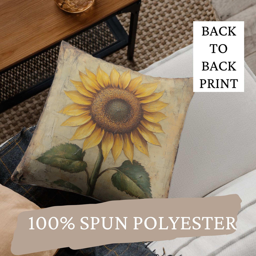 Sunflower Throw Pillow, Vintage Floral Cushion, Rustic Yellow Flower Accent Decor, Double Sided Print Polyester Pillowcase