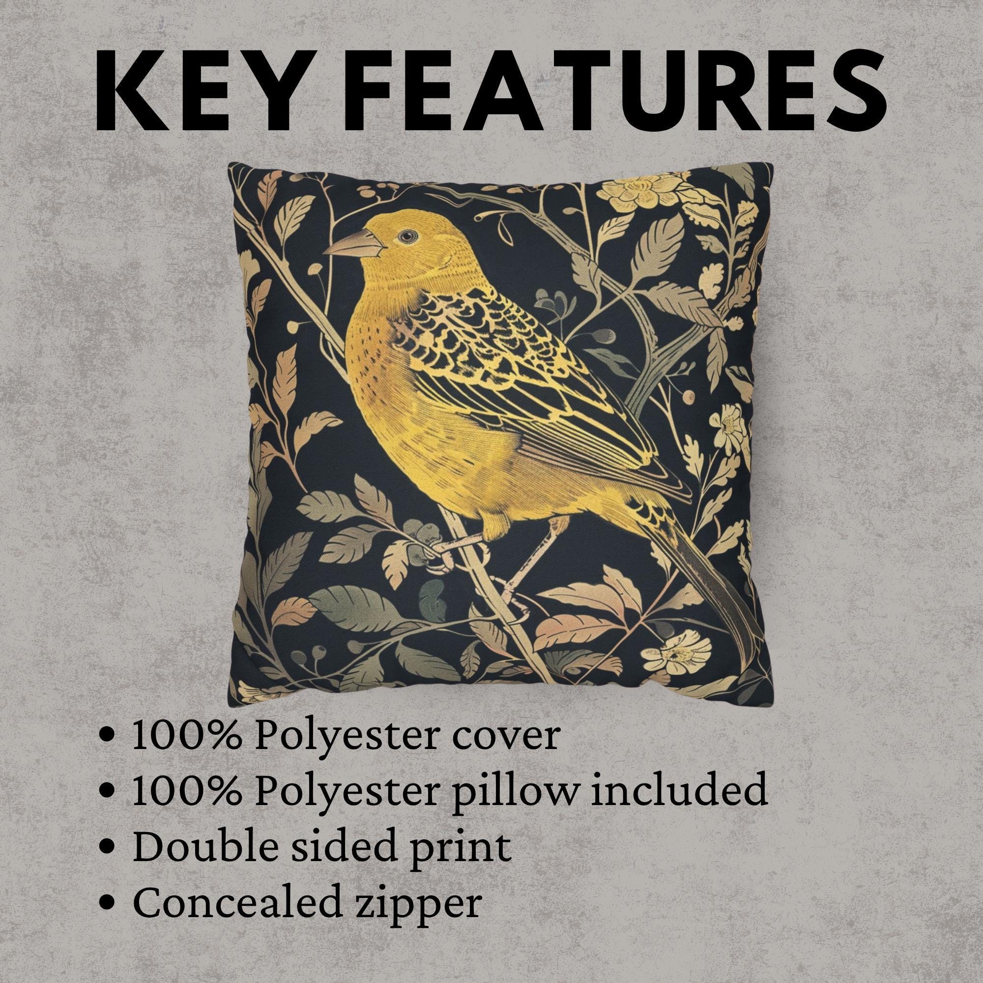 Golden Finch Pillow, William Morris Inspired Floral Cushion, Vintage Bird Throw Pillow, Elegant Nature Couch Accent, Botanical Pillowcase