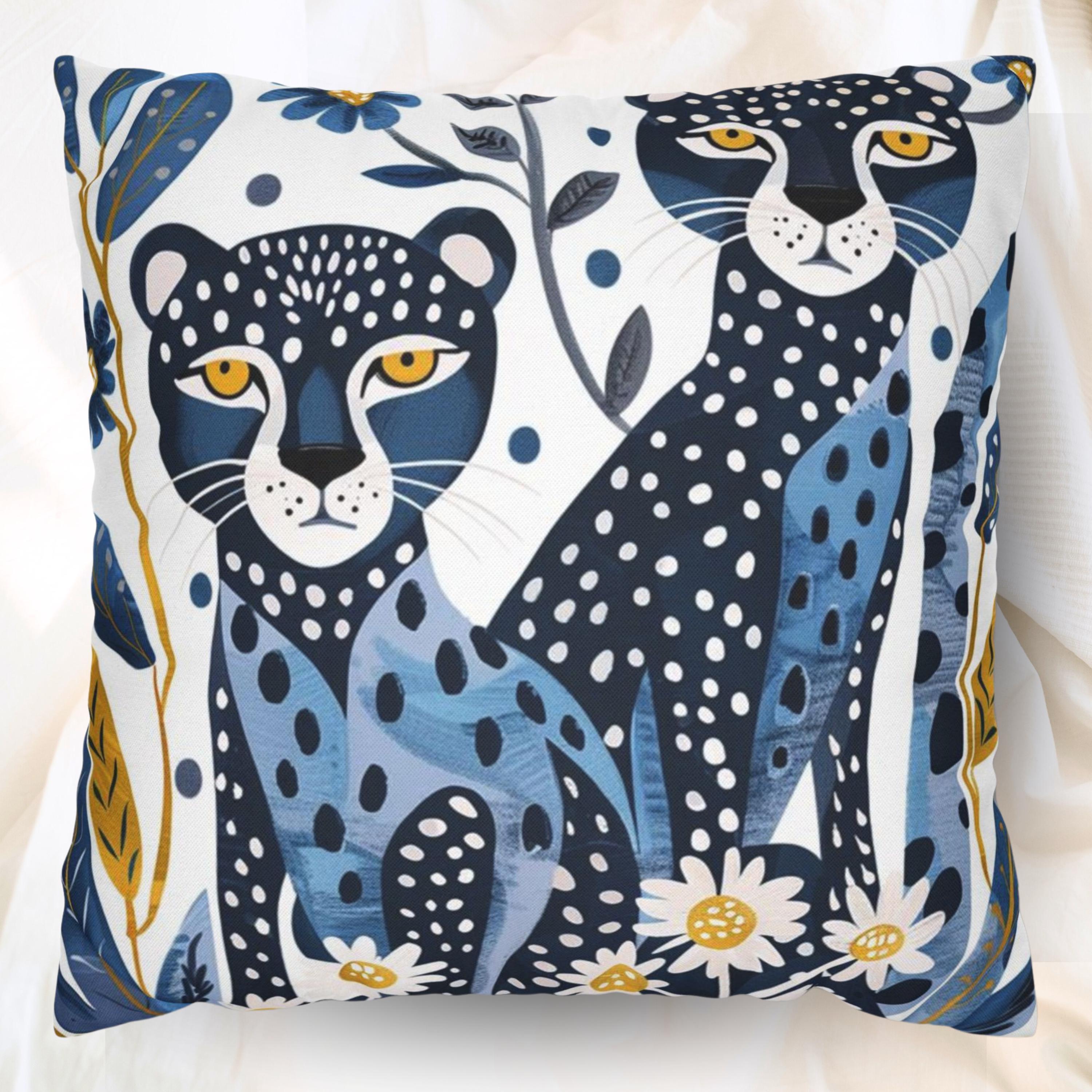 Blue Cheetah Accent Pillow, Animal Print Cushion, Two Blue Cheetahs Throw Pillow, Bold Safari Cushion, Modern Jungle Decor for Sofa or Bed