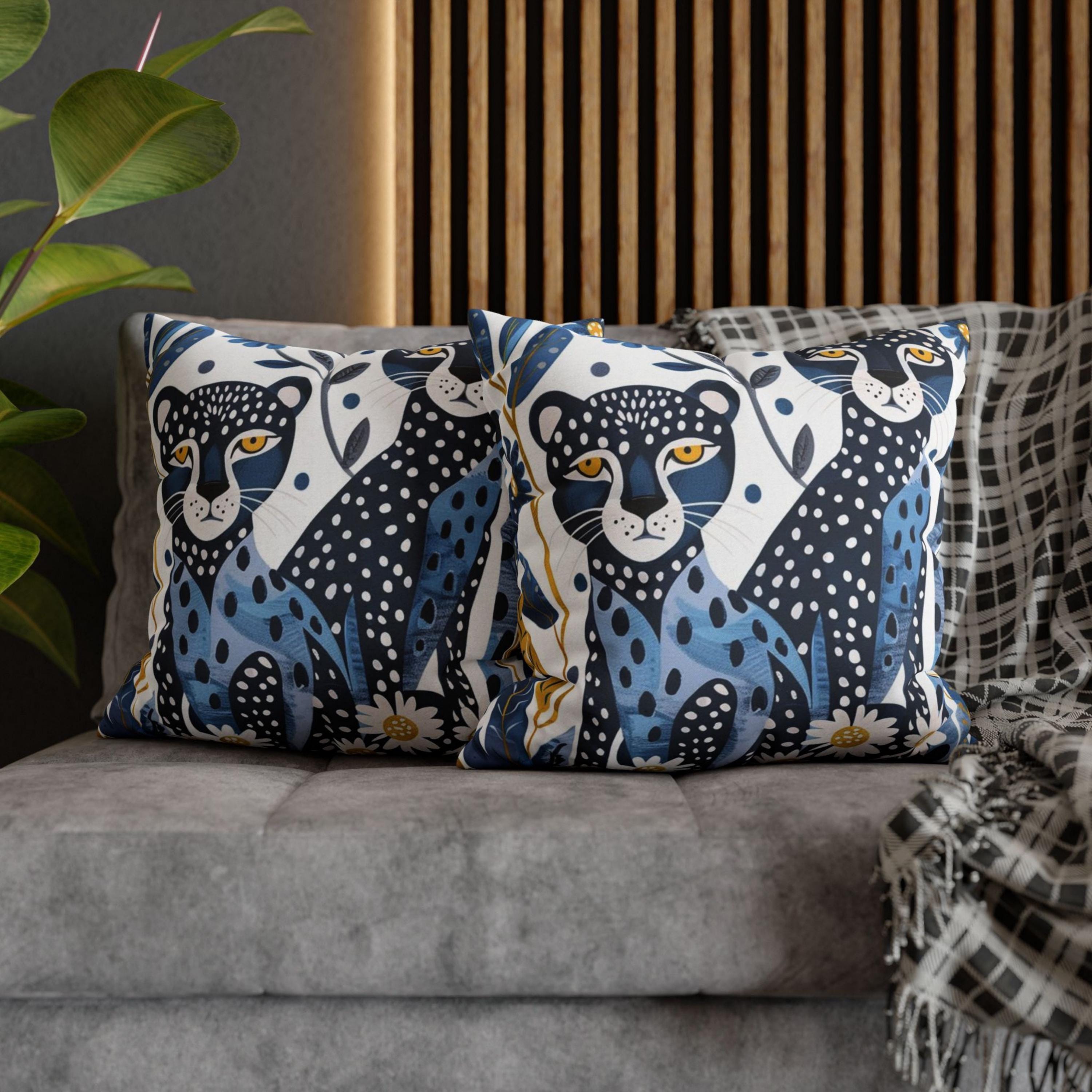 Blue Cheetah Accent Pillow, Animal Print Cushion, Two Blue Cheetahs Throw Pillow, Bold Safari Cushion, Modern Jungle Decor for Sofa or Bed