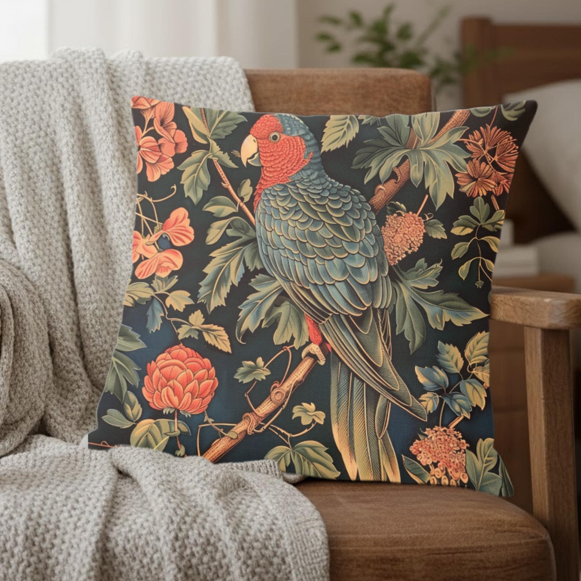 Parrot Garden Pillow, William Morris Inspired Botanical Cushion, Tropical Bird Throw Pillow, Elegant Couch Accent, Vintage Parrot Pillowcase