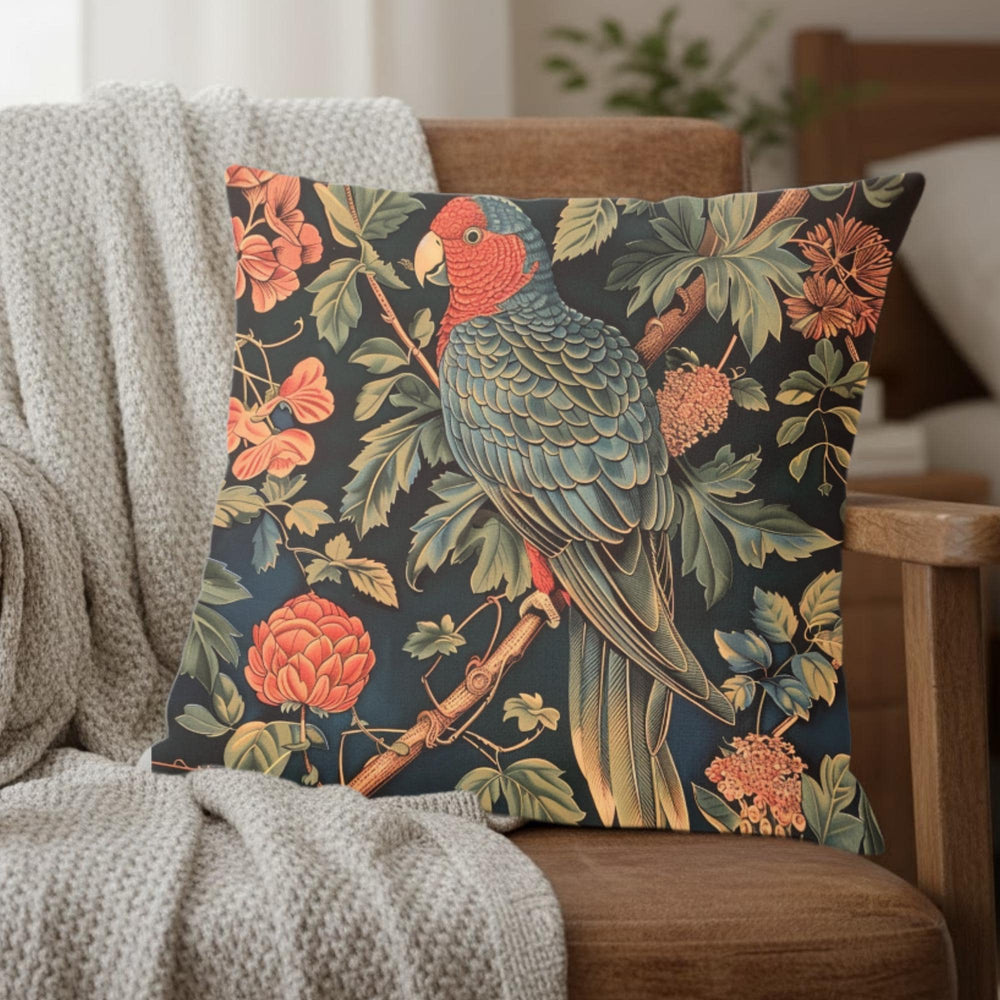 Parrot Garden Pillow, William Morris Inspired Botanical Cushion, Tropical Bird Throw Pillow, Elegant Couch Accent, Vintage Parrot Pillowcase
