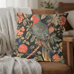 Parrot Garden Pillow, William Morris Inspired Botanical Cushion, Tropical Bird Throw Pillow, Elegant Couch Accent, Vintage Parrot Pillowcase