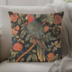 Parrot Garden Pillow, William Morris Inspired Botanical Cushion, Tropical Bird Throw Pillow, Elegant Couch Accent, Vintage Parrot Pillowcase