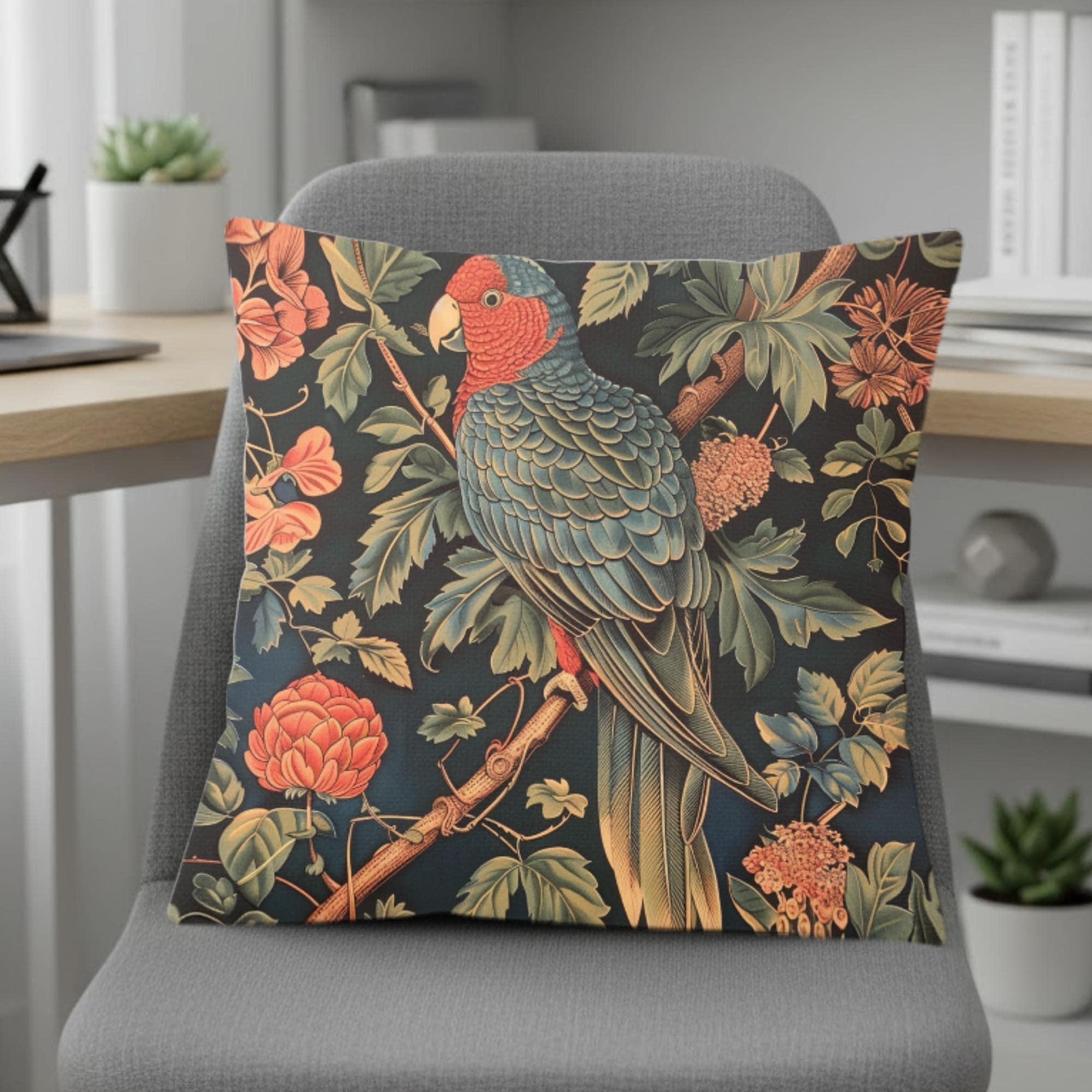 Parrot Garden Pillow, William Morris Inspired Botanical Cushion, Tropical Bird Throw Pillow, Elegant Couch Accent, Vintage Parrot Pillowcase