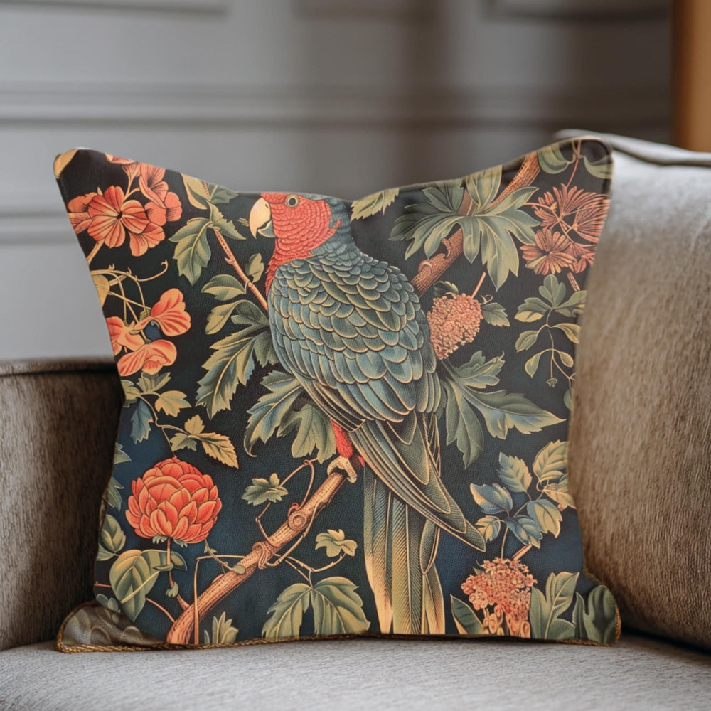 Parrot Garden Pillow, William Morris Inspired Botanical Cushion, Tropical Bird Throw Pillow, Elegant Couch Accent, Vintage Parrot Pillowcase