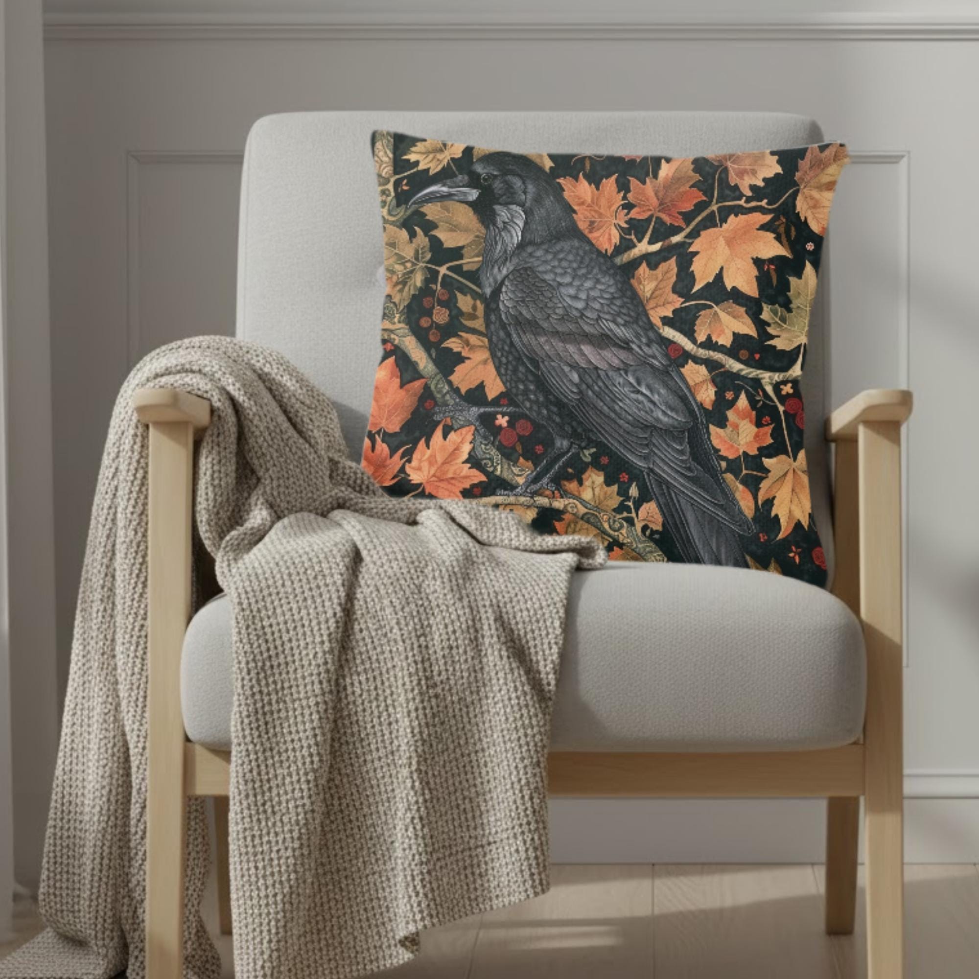 Black Raven Pillow, Autumn Leaves Cushion, William Morris Inspired Throw Pillow, Mystical Couch Accent, Gothic Nature Pillowcase Gift