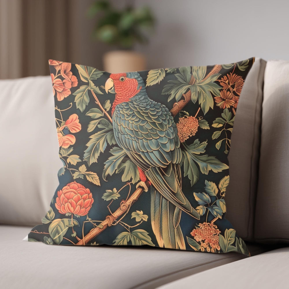 Parrot Garden Pillow, William Morris Inspired Botanical Cushion, Tropical Bird Throw Pillow, Elegant Couch Accent, Vintage Parrot Pillowcase