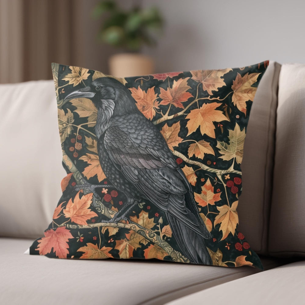 Black Raven Pillow, Autumn Leaves Cushion, William Morris Inspired Throw Pillow, Mystical Couch Accent, Gothic Nature Pillowcase Gift