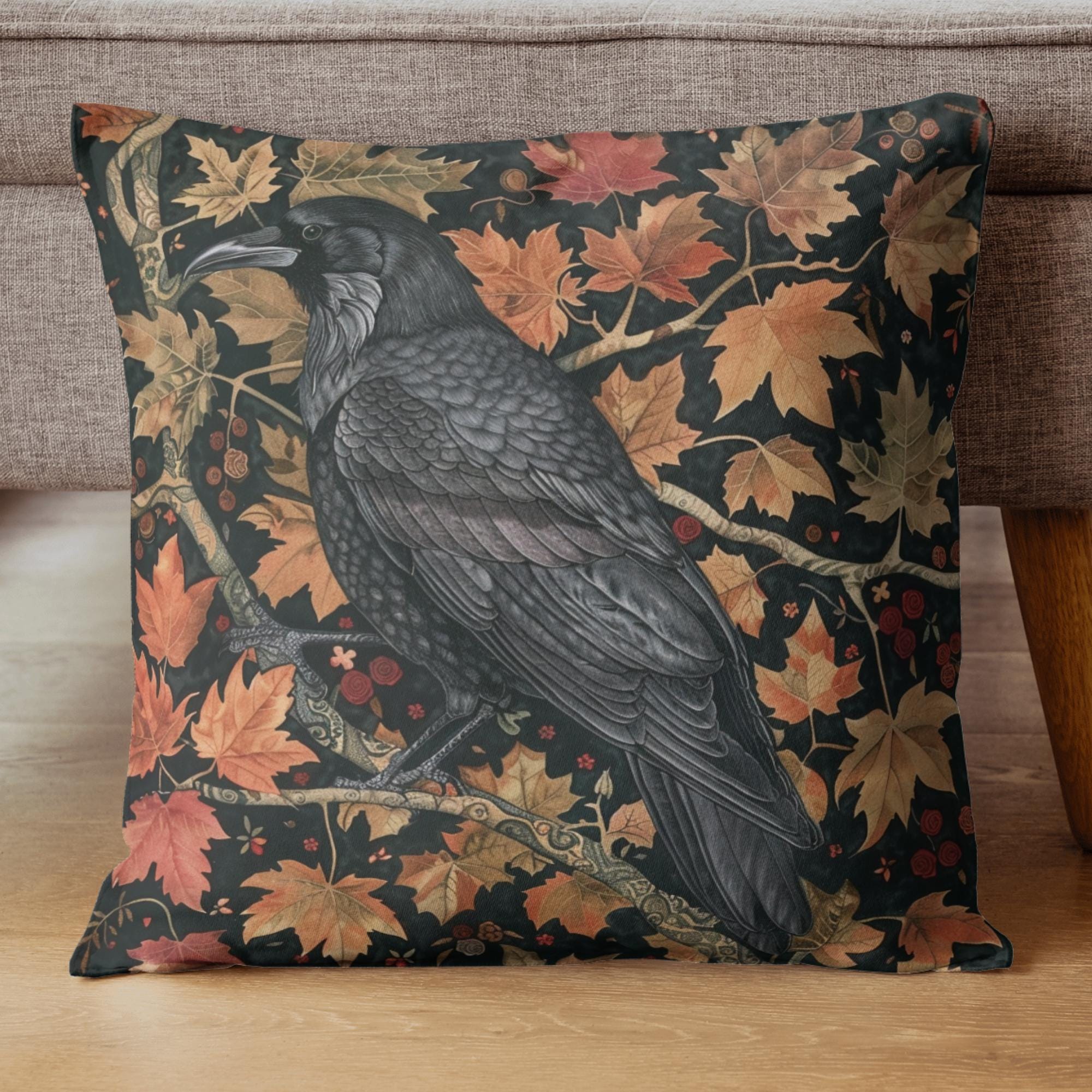 Black Raven Pillow, Autumn Leaves Cushion, William Morris Inspired Throw Pillow, Mystical Couch Accent, Gothic Nature Pillowcase Gift