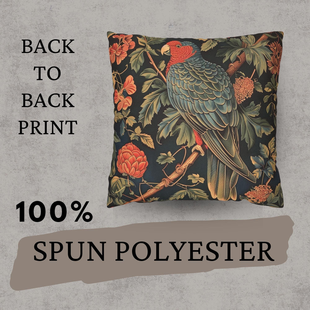 Parrot Garden Pillow, William Morris Inspired Botanical Cushion, Tropical Bird Throw Pillow, Elegant Couch Accent, Vintage Parrot Pillowcase