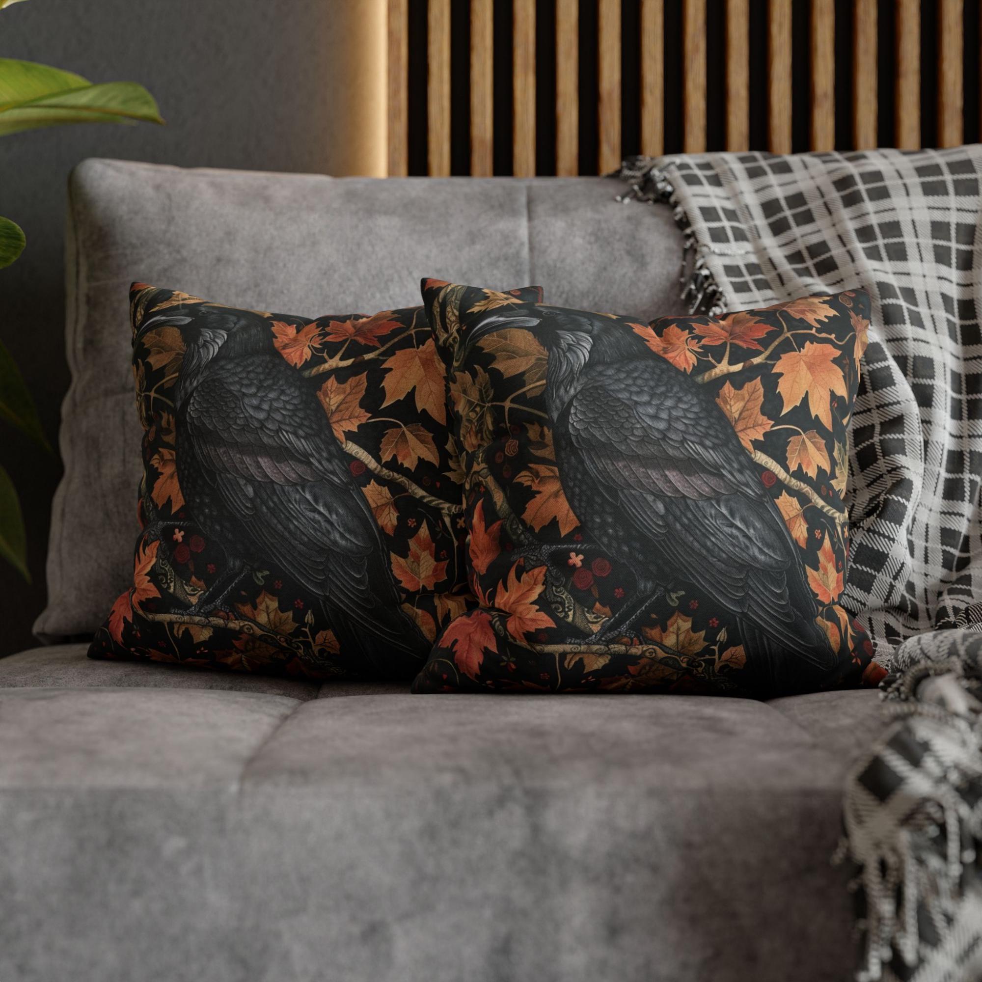Black Raven Pillow, Autumn Leaves Cushion, William Morris Inspired Throw Pillow, Mystical Couch Accent, Gothic Nature Pillowcase Gift