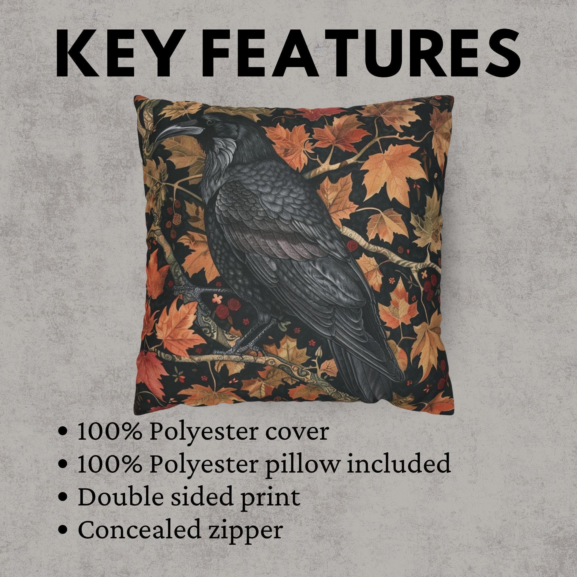 Black Raven Pillow, Autumn Leaves Cushion, William Morris Inspired Throw Pillow, Mystical Couch Accent, Gothic Nature Pillowcase Gift