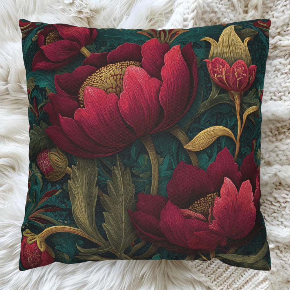 Deep Pink Floral Pillow, Dark Green Botanical Cushion, Vintage Tapestry Throw Pillow, Elegant Bloom Decor, Garden-Inspired Accent