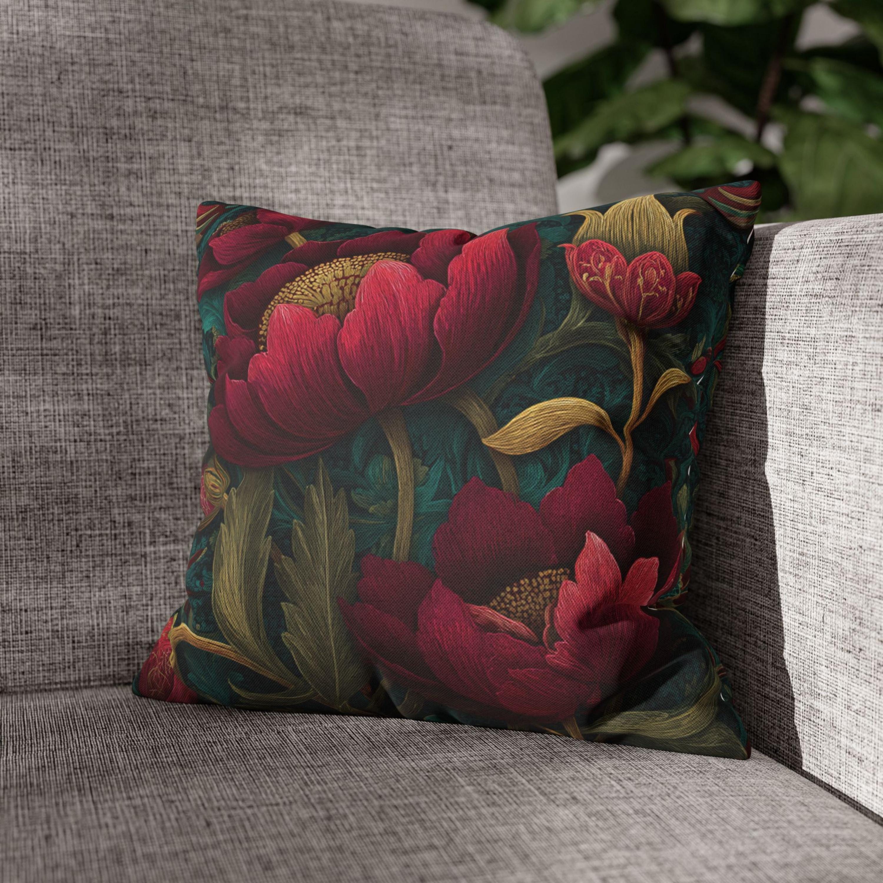 Deep Pink Floral Pillow, Dark Green Botanical Cushion, Vintage Tapestry Throw Pillow, Elegant Bloom Decor, Garden-Inspired Accent