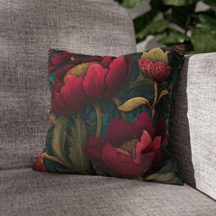 Deep Pink Floral Pillow, Dark Green Botanical Cushion, Vintage Tapestry Throw Pillow, Elegant Bloom Decor, Garden-Inspired Accent