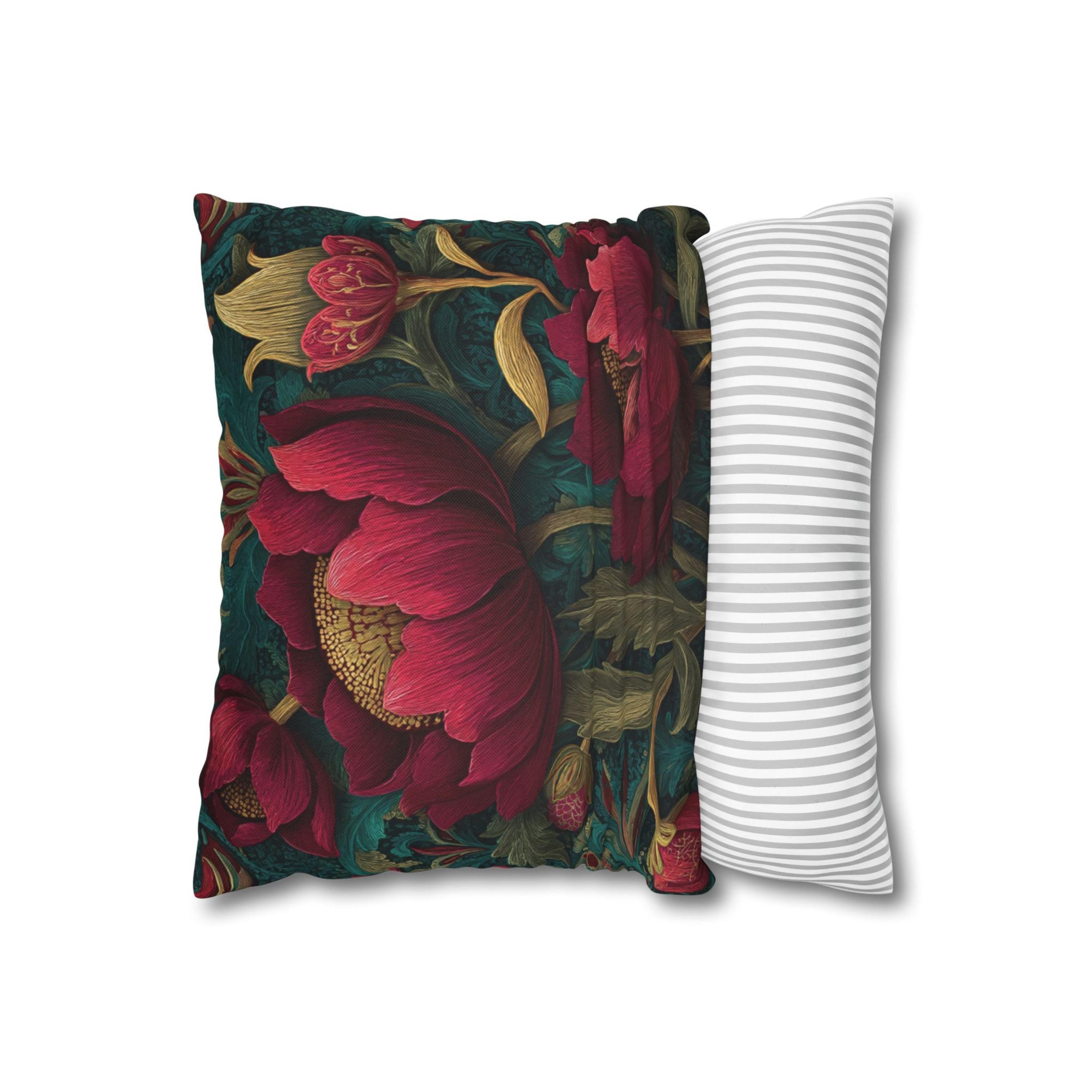 Deep Pink Floral Pillow, Dark Green Botanical Cushion, Vintage Tapestry Throw Pillow, Elegant Bloom Decor, Garden-Inspired Accent
