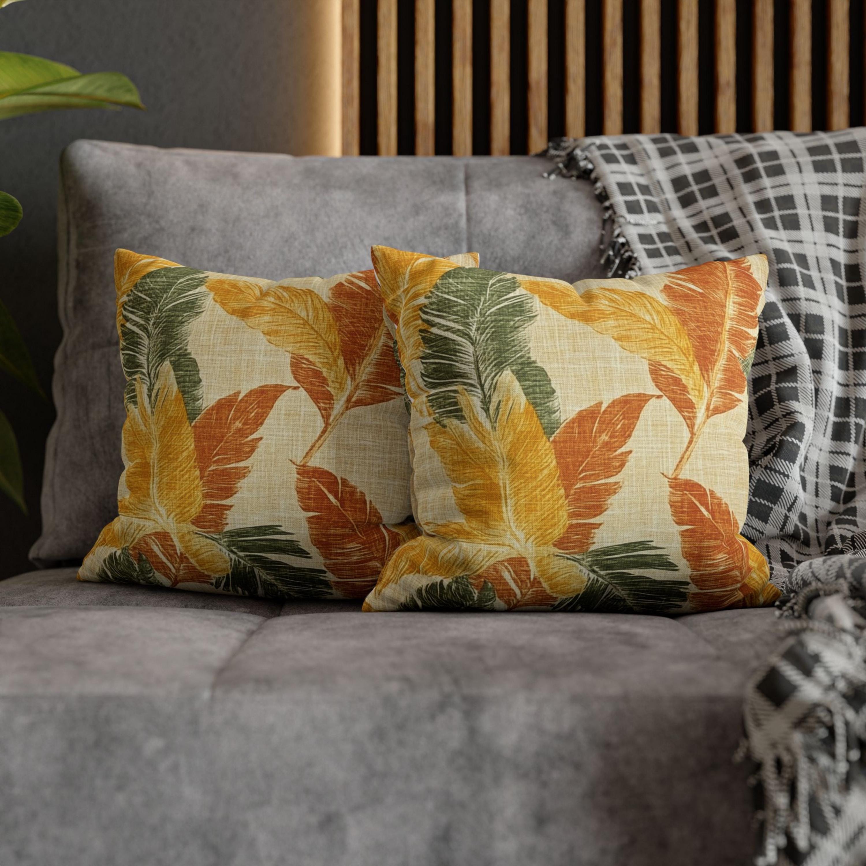 Tropical Leaf Pillow, Yellow and Orange Foliage Cushion Cover, Vibrant Jungle Throw Pillow, Island Botanical Decor, Warm Beach Accent
