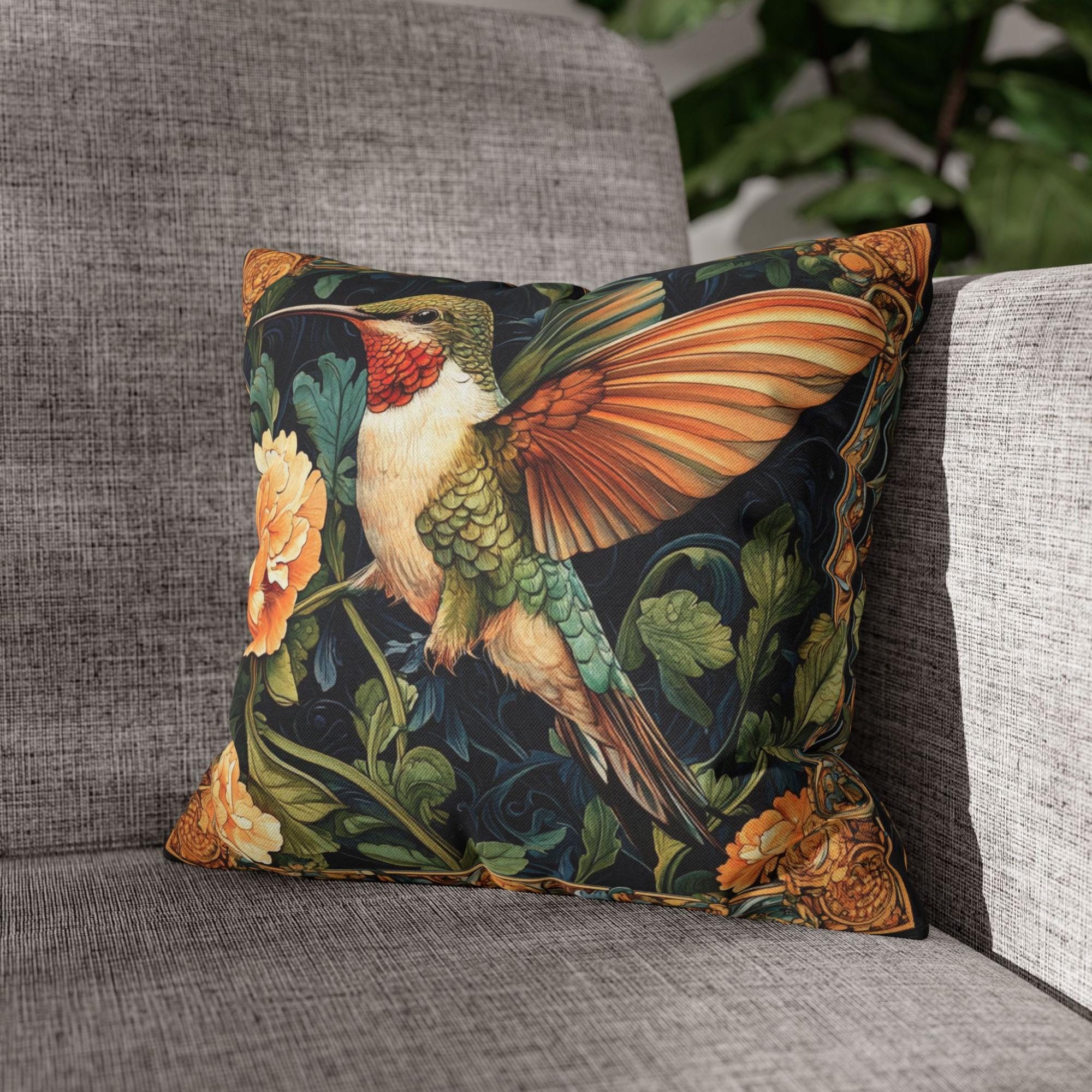 Hummingbird Botanical Pillow, Art Nouveau Floral Cushion, Vintage Nature Throw Pillow, William Morris Pillowcase, Elegant Cottage Accent