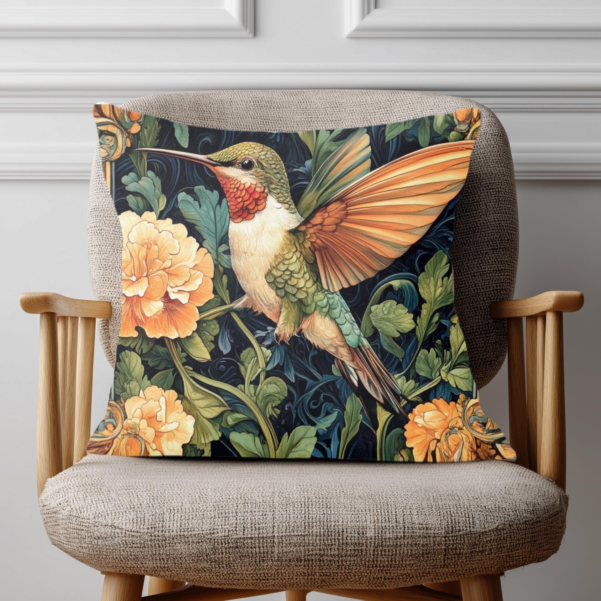Hummingbird Botanical Pillow, Art Nouveau Floral Cushion, Vintage Nature Throw Pillow, William Morris Pillowcase, Elegant Cottage Accent