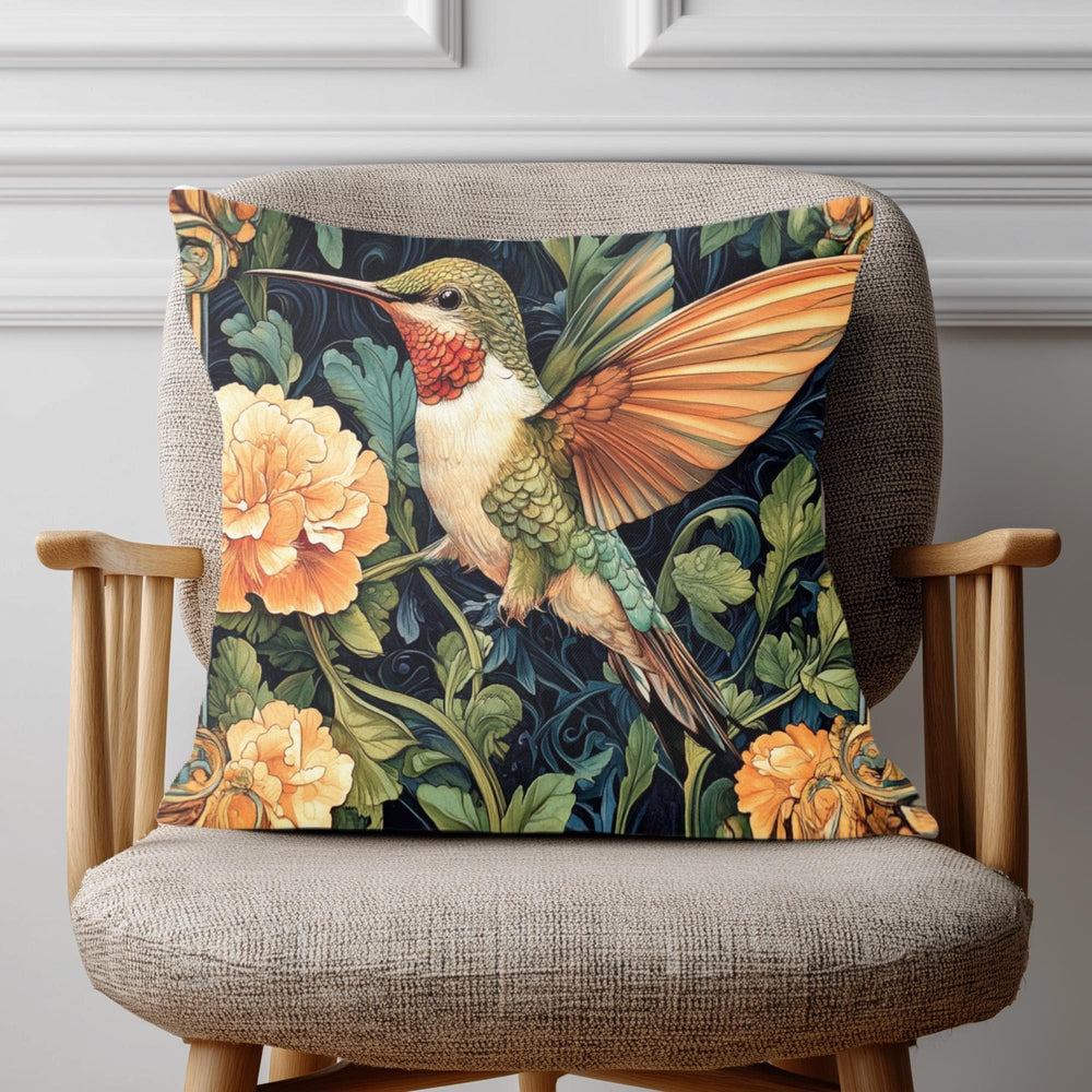 Hummingbird Botanical Pillow, Art Nouveau Floral Cushion, Vintage Nature Throw Pillow, William Morris Pillowcase, Elegant Cottage Accent