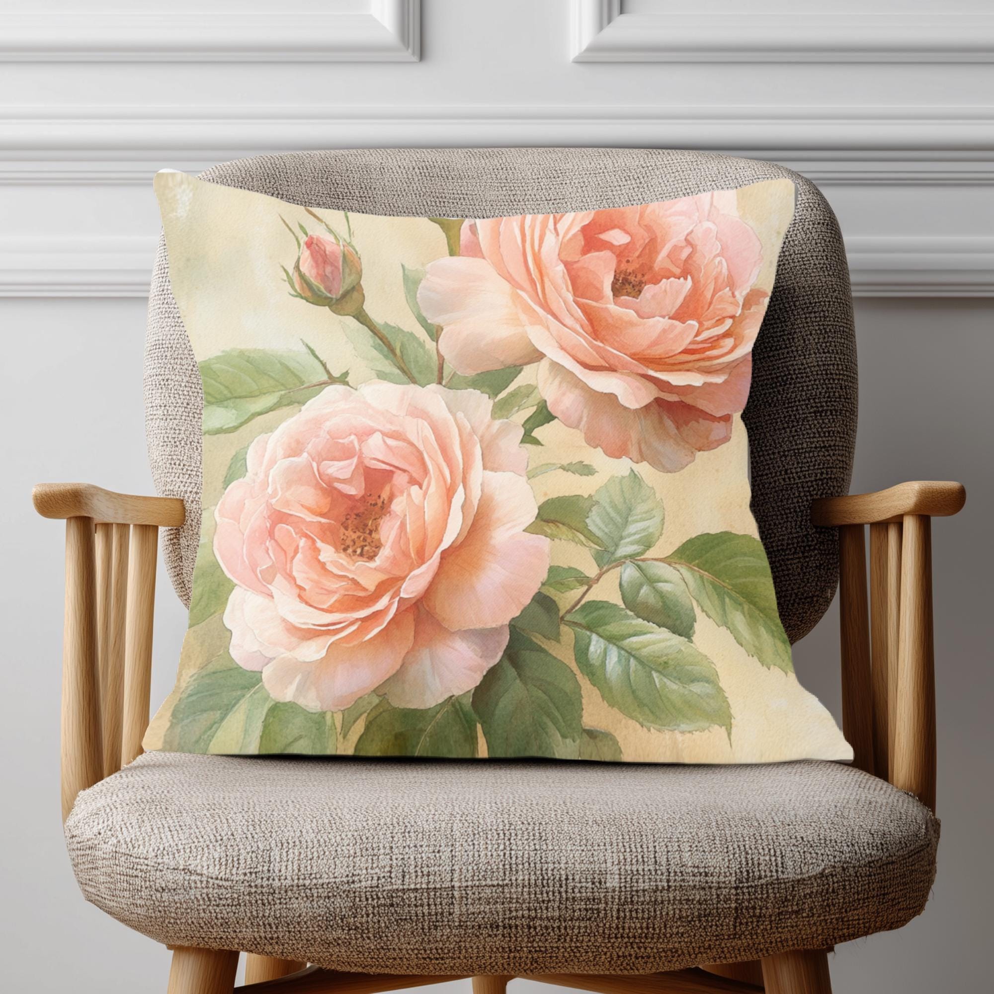English Blush Rose Pillow, Soft Vintage Floral Cushion, Romantic Botanical Throw Pillow, Cottagecore Pillowcase, Pastel Couch Accent