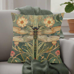 Golden Dragonfly Pillow, Art Nouveau Botanical Cushion, Vintage Nature Inspired Throw Pillow, Elegant Couch Accent, Garden Pillowcase Gift