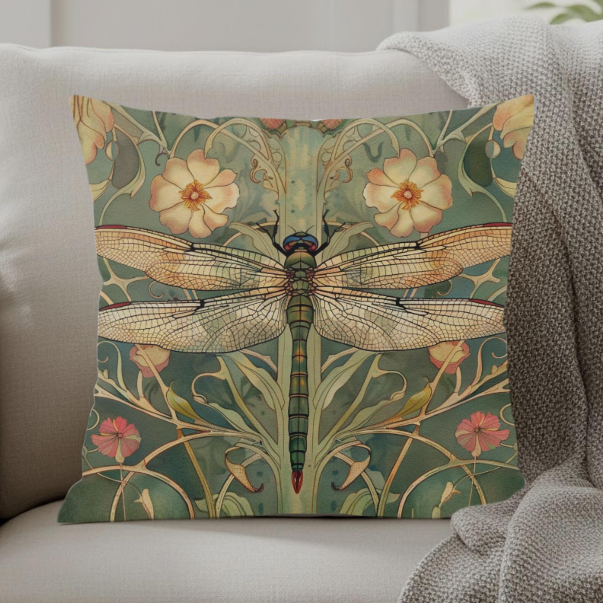 Golden Dragonfly Pillow, Art Nouveau Botanical Cushion, Vintage Nature Inspired Throw Pillow, Elegant Couch Accent, Garden Pillowcase Gift
