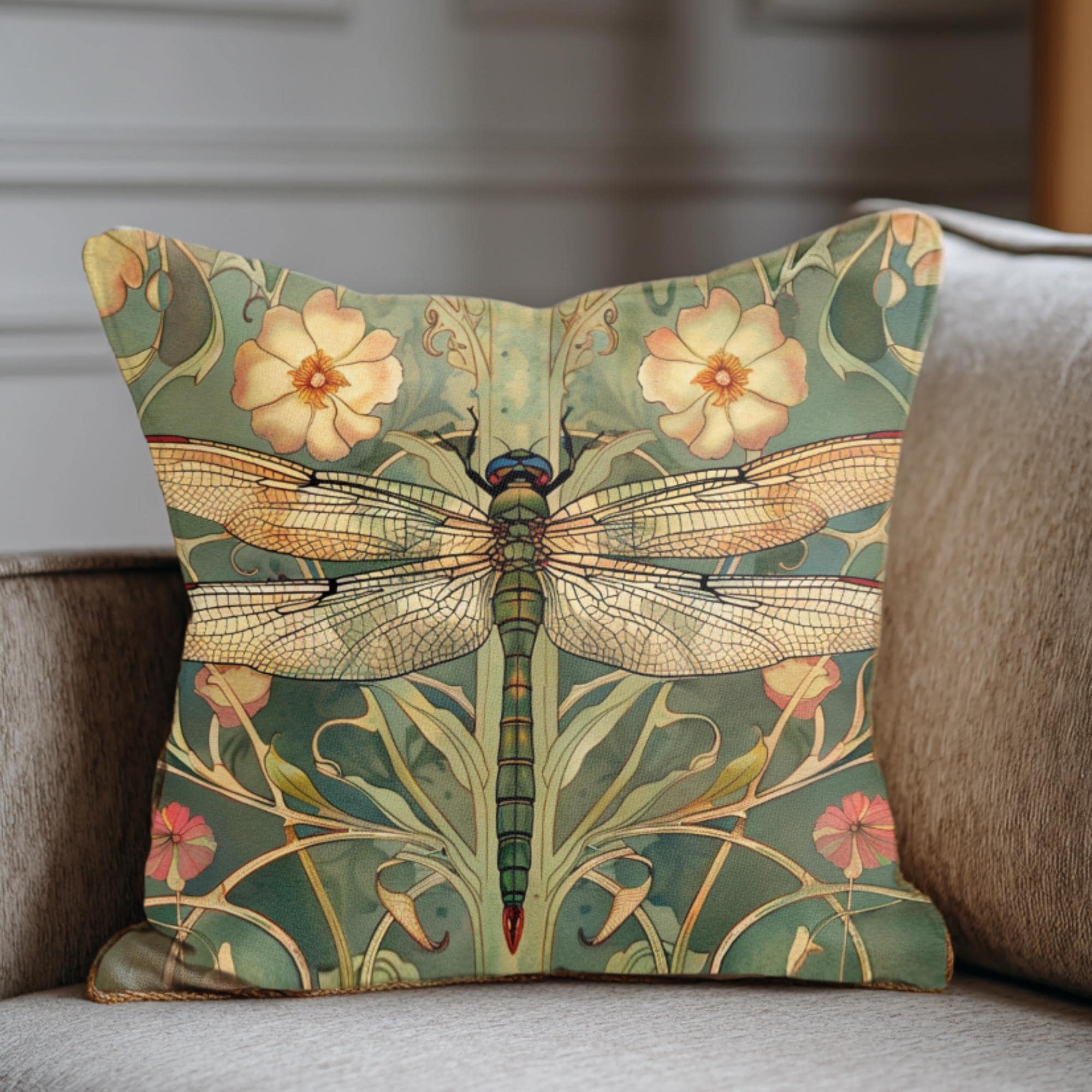 Golden Dragonfly Pillow, Art Nouveau Botanical Cushion, Vintage Nature Inspired Throw Pillow, Elegant Couch Accent, Garden Pillowcase Gift
