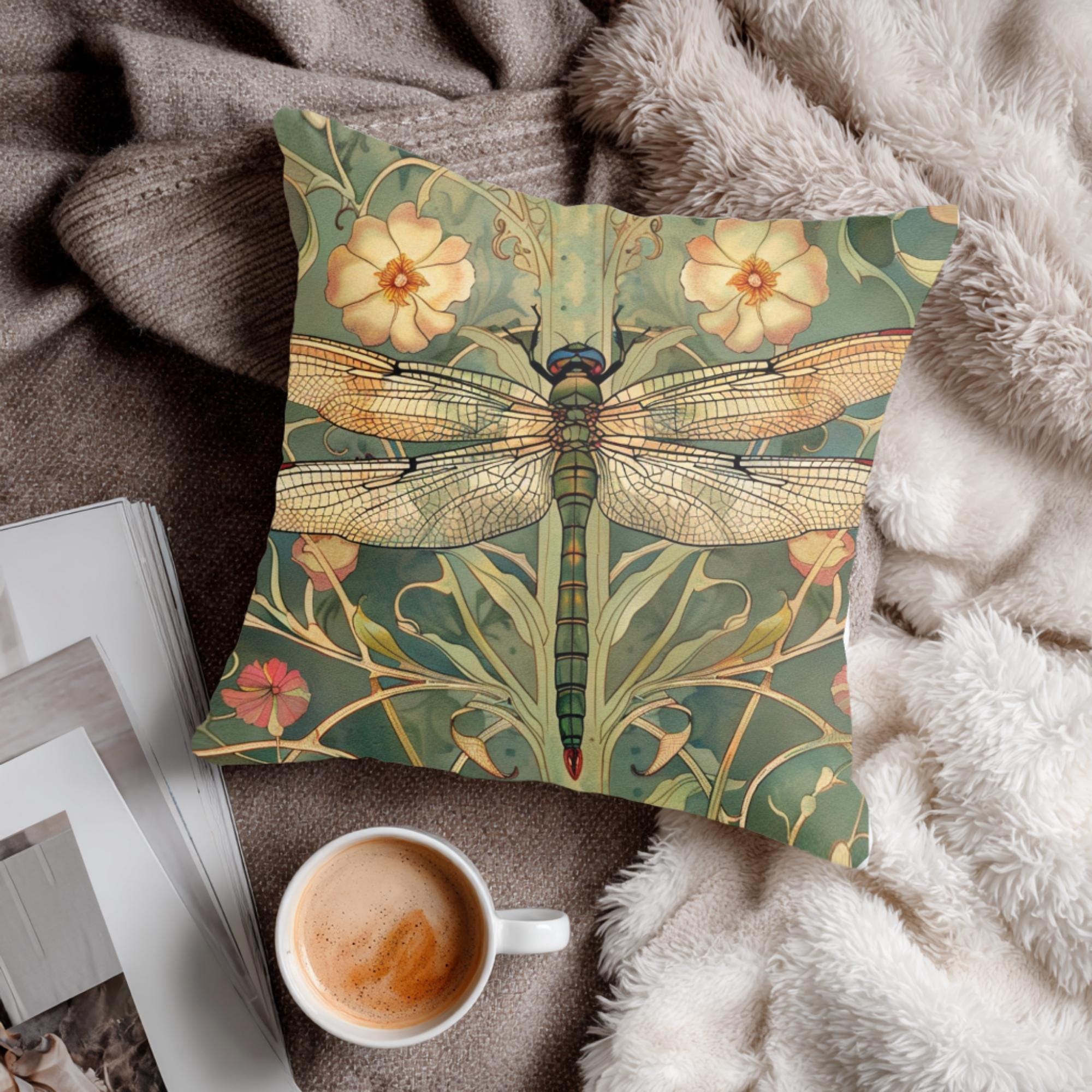Golden Dragonfly Pillow, Art Nouveau Botanical Cushion, Vintage Nature Inspired Throw Pillow, Elegant Couch Accent, Garden Pillowcase Gift