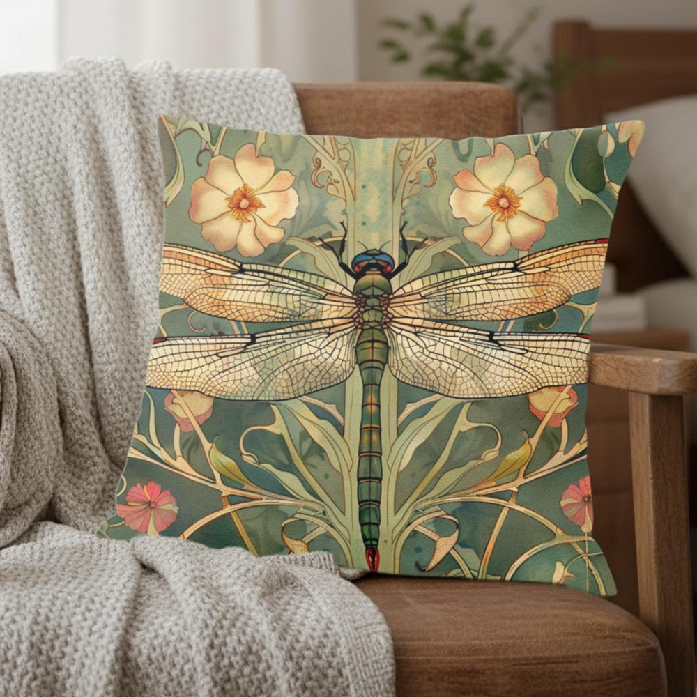 Golden Dragonfly Pillow, Art Nouveau Botanical Cushion, Vintage Nature Inspired Throw Pillow, Elegant Couch Accent, Garden Pillowcase Gift