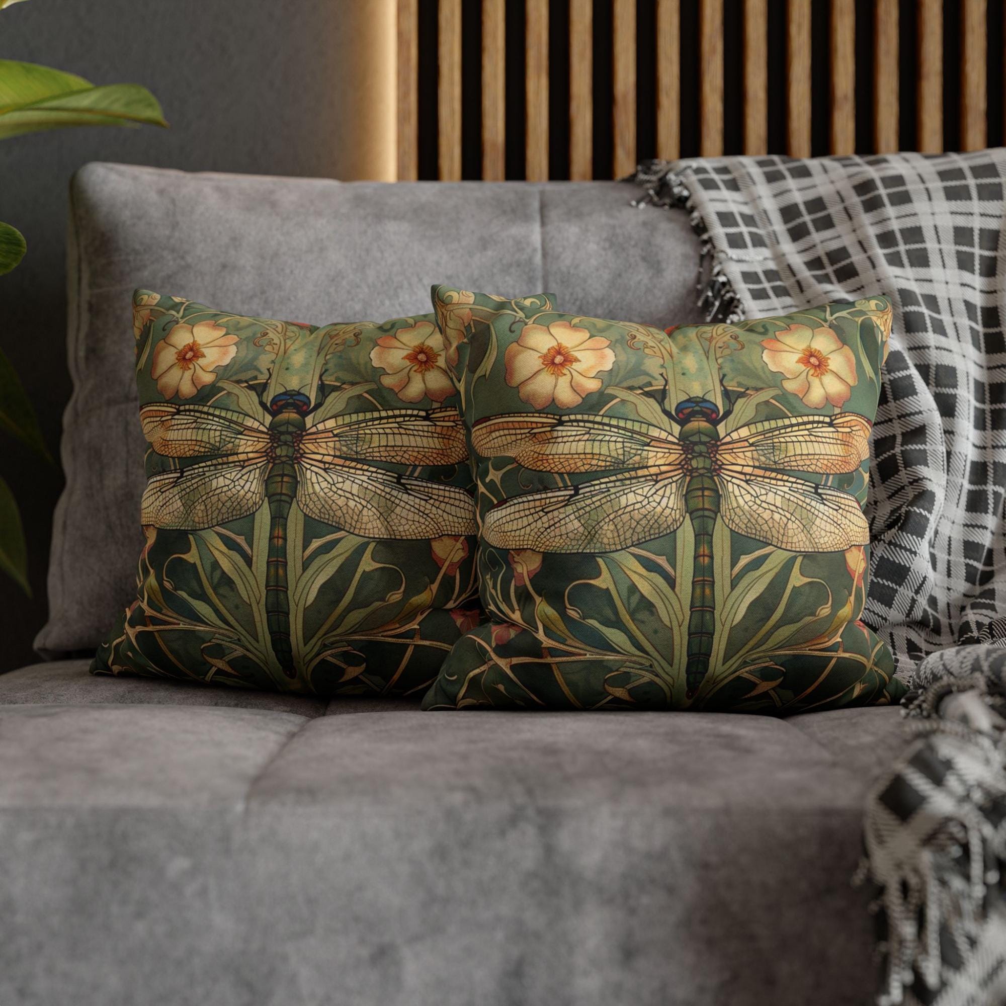 Golden Dragonfly Pillow, Art Nouveau Botanical Cushion, Vintage Nature Inspired Throw Pillow, Elegant Couch Accent, Garden Pillowcase Gift