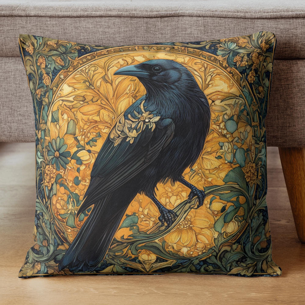 Golden Raven Pillow, Art Nouveau Bird Cushion, Vintage Botanical Throw Pillow, William Morris Pillowcase, Mystical Nature Couch Accent