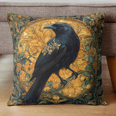 Golden Raven Pillow, Art Nouveau Bird Cushion, Vintage Botanical Throw Pillow, William Morris Pillowcase, Mystical Nature Couch Accent