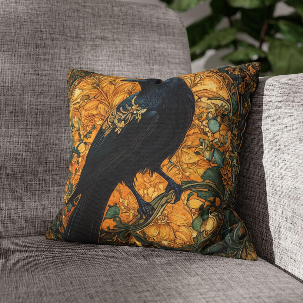 Golden Raven Pillow, Art Nouveau Bird Cushion, Vintage Botanical Throw Pillow, William Morris Pillowcase, Mystical Nature Couch Accent