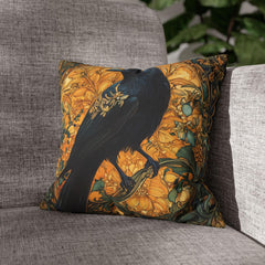 Golden Raven Pillow, Art Nouveau Bird Cushion, Vintage Botanical Throw Pillow, William Morris Pillowcase, Mystical Nature Couch Accent