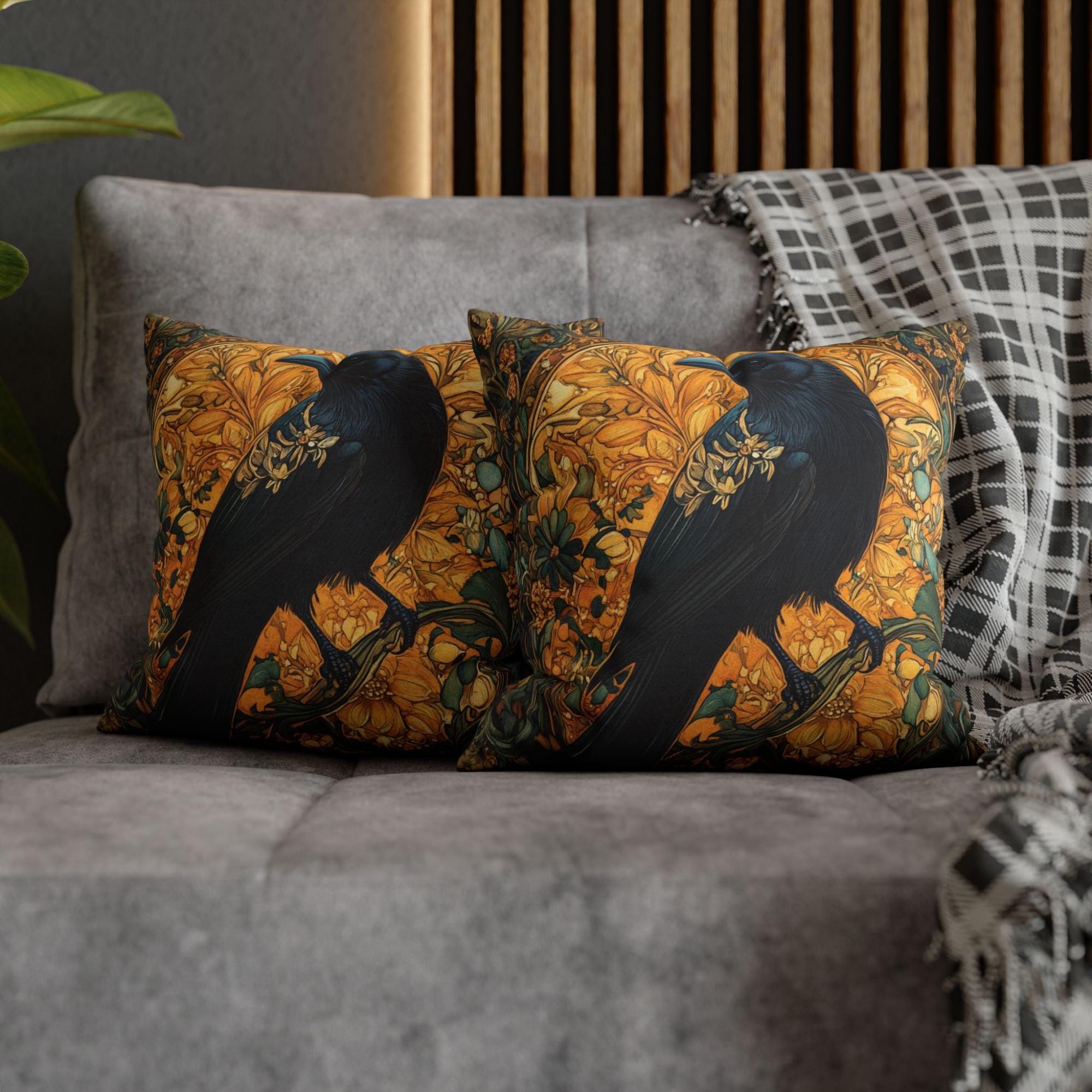 Golden Raven Pillow, Art Nouveau Bird Cushion, Vintage Botanical Throw Pillow, William Morris Pillowcase, Mystical Nature Couch Accent