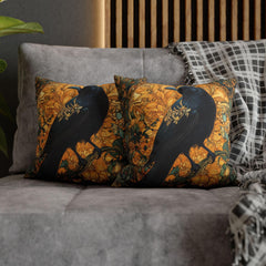 Golden Raven Pillow, Art Nouveau Bird Cushion, Vintage Botanical Throw Pillow, William Morris Pillowcase, Mystical Nature Couch Accent