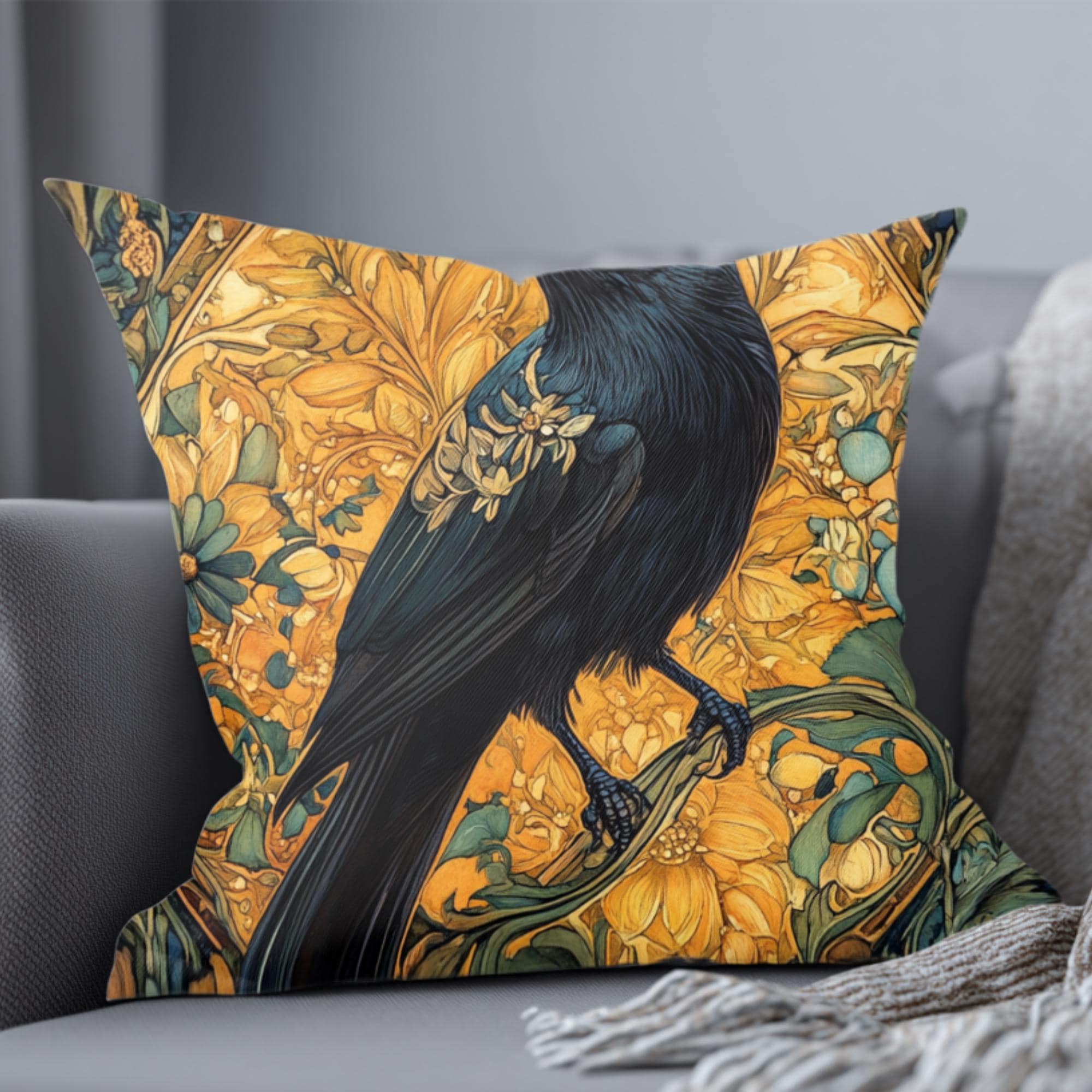 Golden Raven Pillow, Art Nouveau Bird Cushion, Vintage Botanical Throw Pillow, William Morris Pillowcase, Mystical Nature Couch Accent