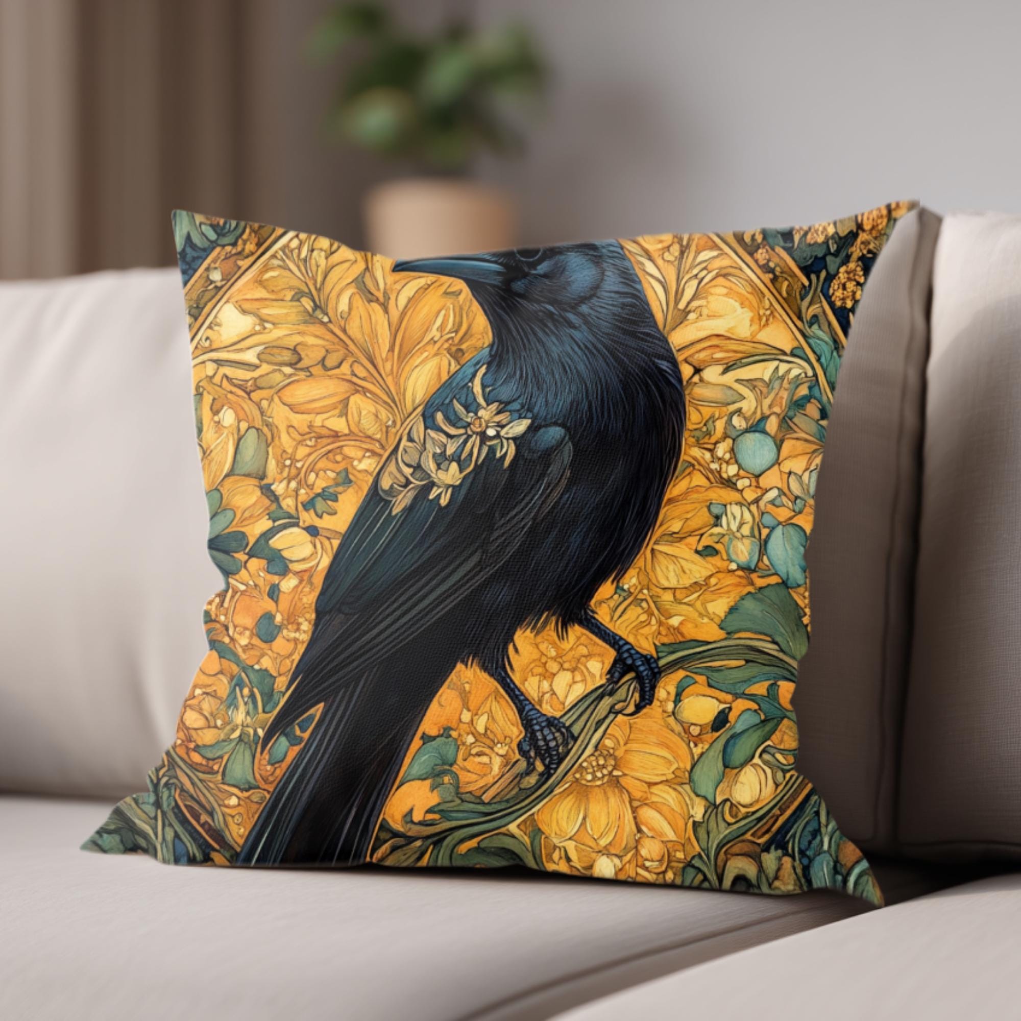 Golden Raven Pillow, Art Nouveau Bird Cushion, Vintage Botanical Throw Pillow, William Morris Pillowcase, Mystical Nature Couch Accent