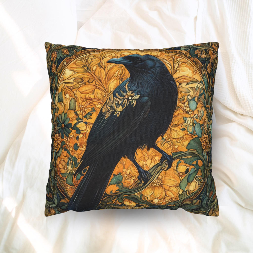 Golden Raven Pillow, Art Nouveau Bird Cushion, Vintage Botanical Throw Pillow, William Morris Pillowcase, Mystical Nature Couch Accent