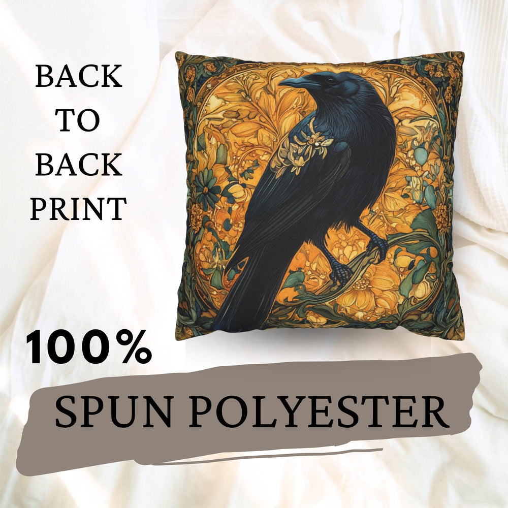 Golden Raven Pillow, Art Nouveau Bird Cushion, Vintage Botanical Throw Pillow, William Morris Pillowcase, Mystical Nature Couch Accent