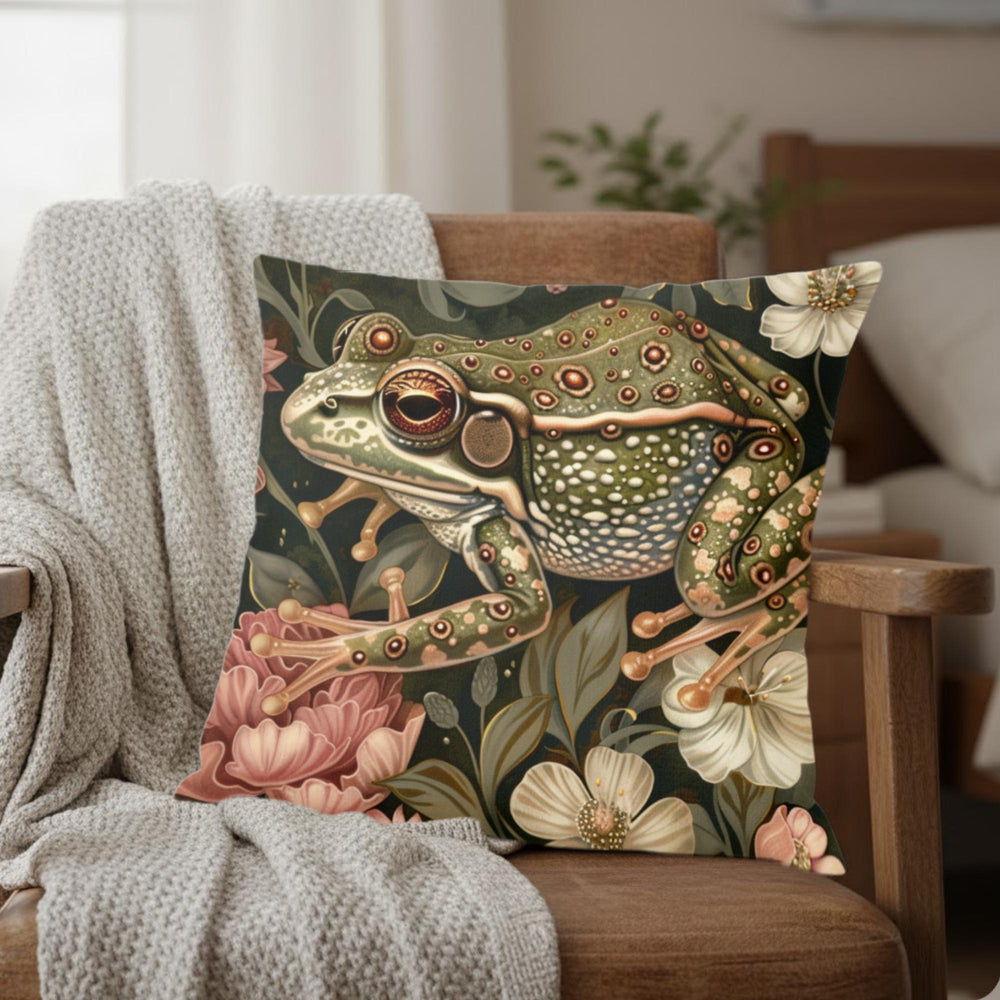 Forest Frog William Morris Pillow, Woodland Animal Cushion, Botanical Nature Throw Pillow, Vintage Frog Pillowcase, Whimsical Couch Accent