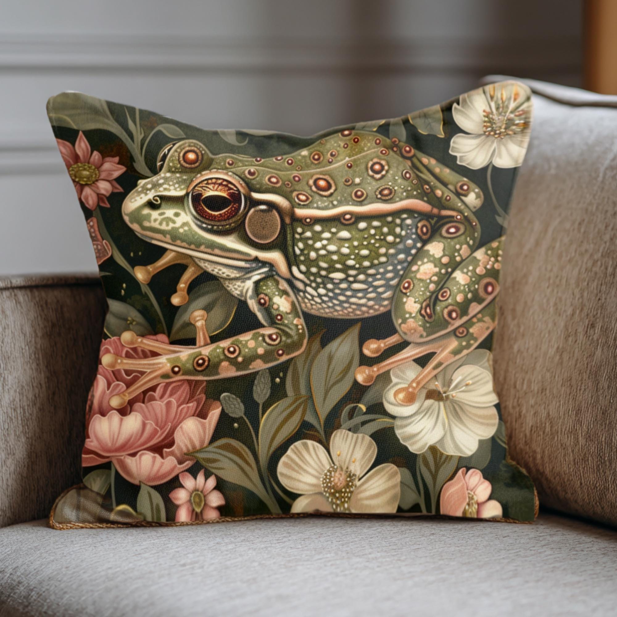 Forest Frog William Morris Pillow, Woodland Animal Cushion, Botanical Nature Throw Pillow, Vintage Frog Pillowcase, Whimsical Couch Accent