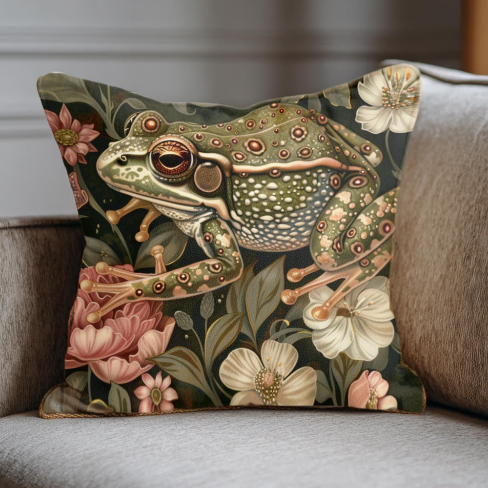 Forest Frog William Morris Pillow, Woodland Animal Cushion, Botanical Nature Throw Pillow, Vintage Frog Pillowcase, Whimsical Couch Accent