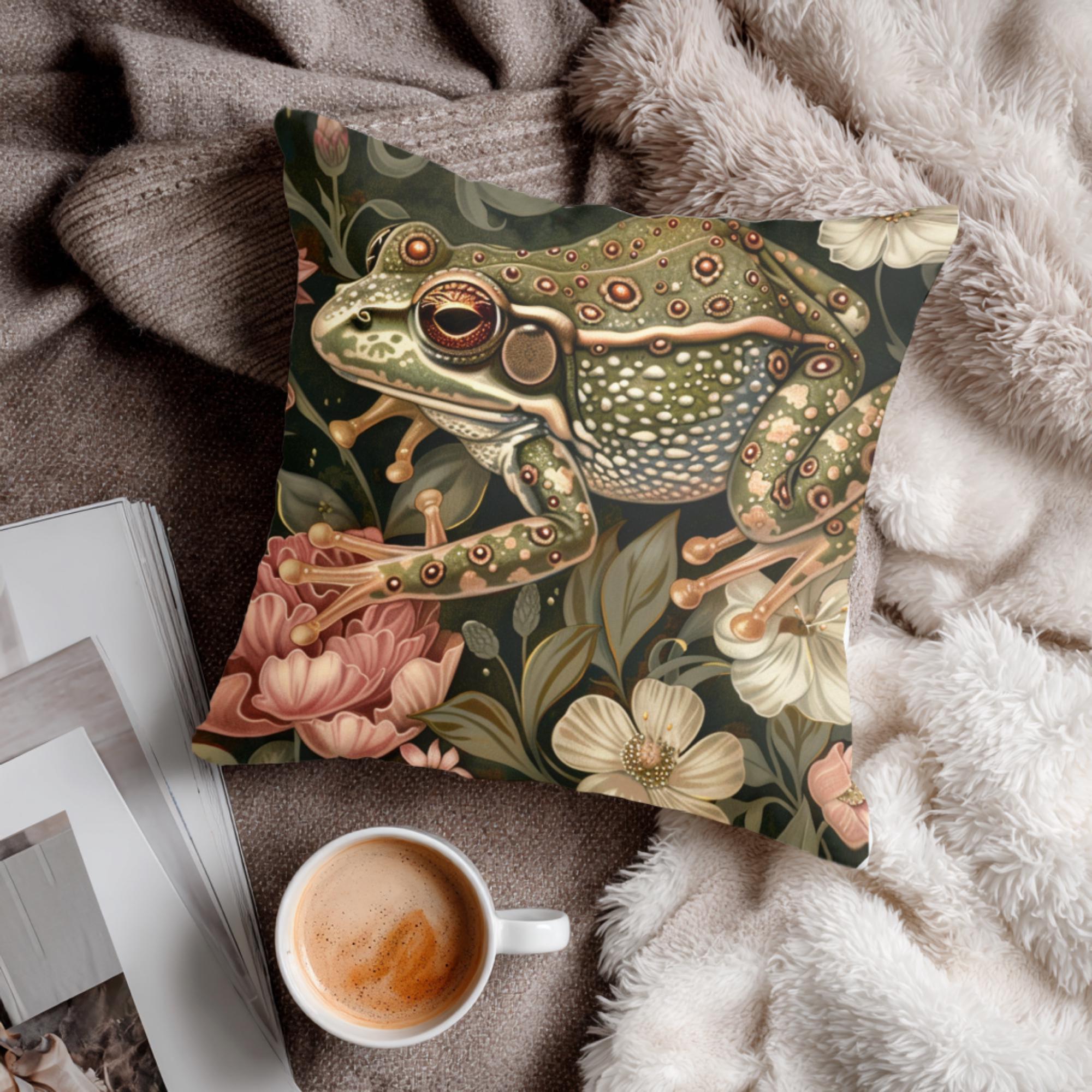 Forest Frog William Morris Pillow, Woodland Animal Cushion, Botanical Nature Throw Pillow, Vintage Frog Pillowcase, Whimsical Couch Accent