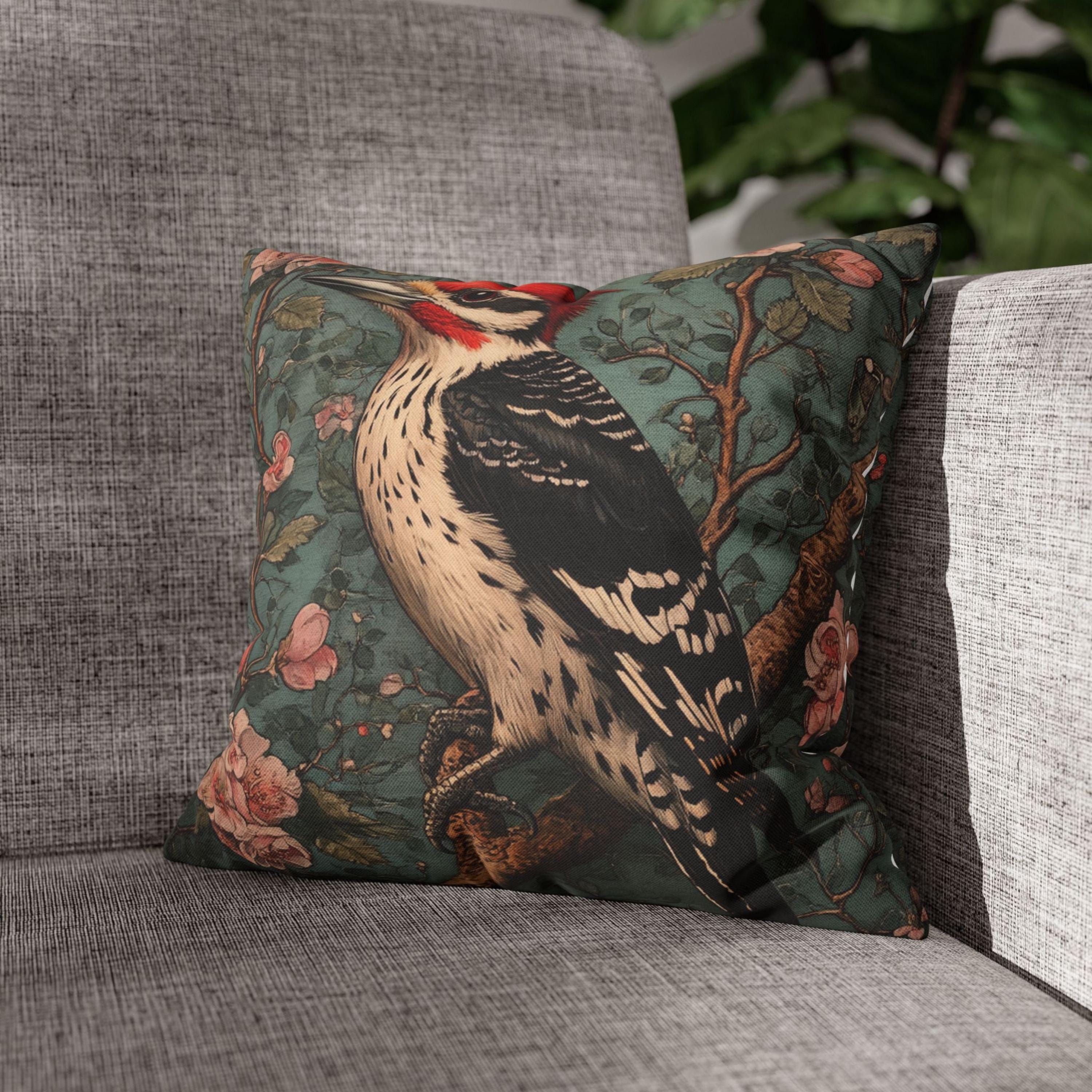 Vintage Woodpecker Floral Pillow, William Morris Style Cushion, Victorian Bird Art Accent, Cottagecore Home Decor, Rustic Botanical Decor