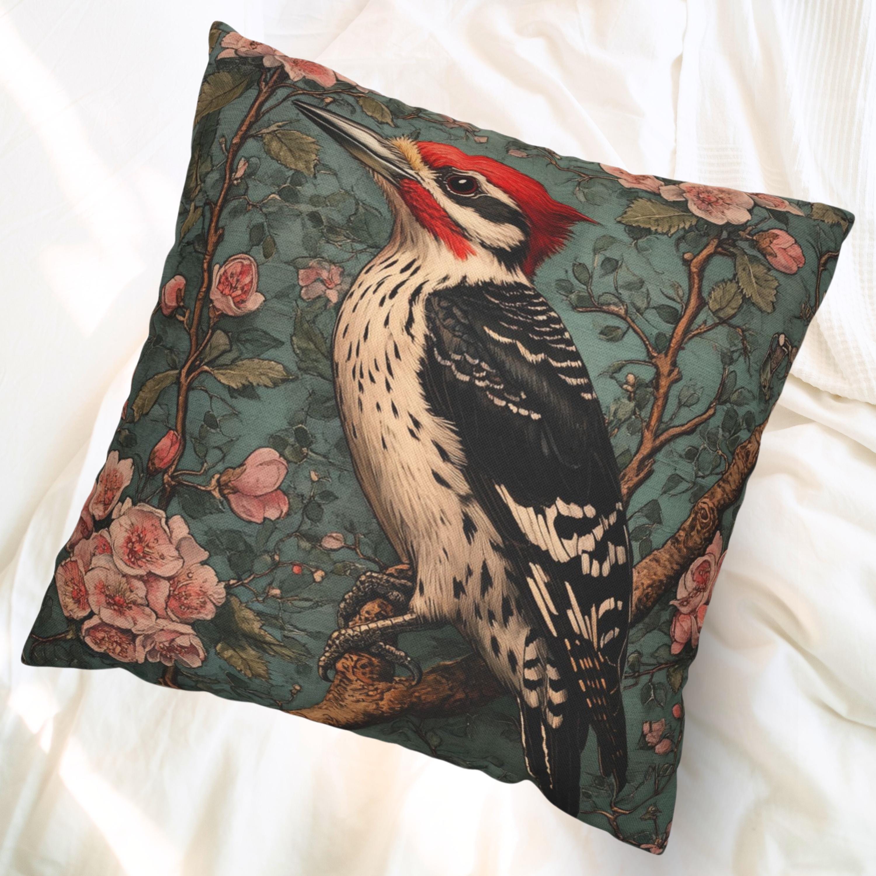 Vintage Woodpecker Floral Pillow, William Morris Style Cushion, Victorian Bird Art Accent, Cottagecore Home Decor, Rustic Botanical Decor