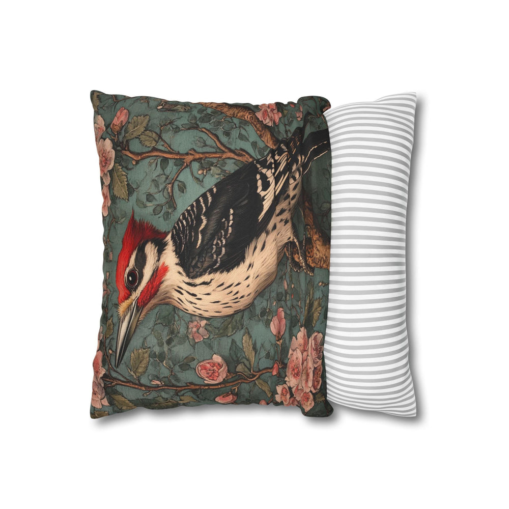 Vintage Woodpecker Floral Pillow, William Morris Style Cushion, Victorian Bird Art Accent, Cottagecore Home Decor, Rustic Botanical Decor