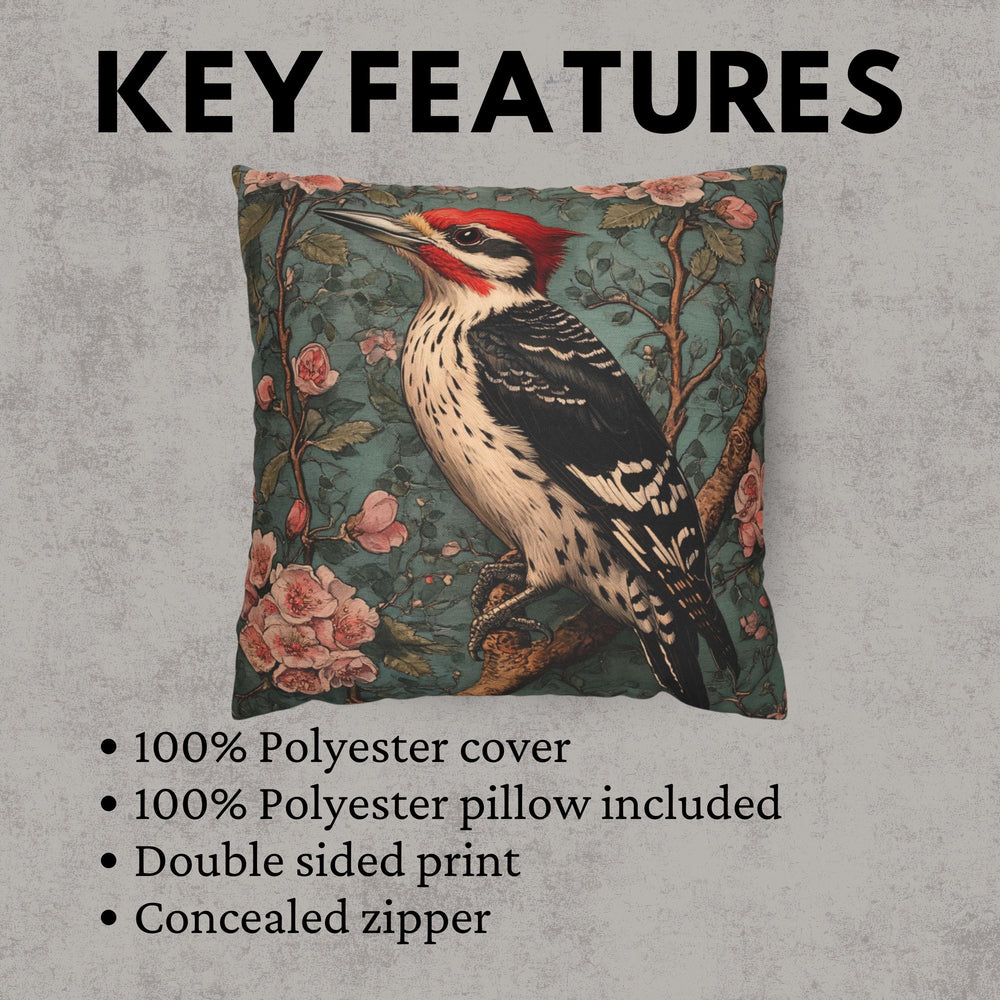 Vintage Woodpecker Floral Pillow, William Morris Style Cushion, Victorian Bird Art Accent, Cottagecore Home Decor, Rustic Botanical Decor